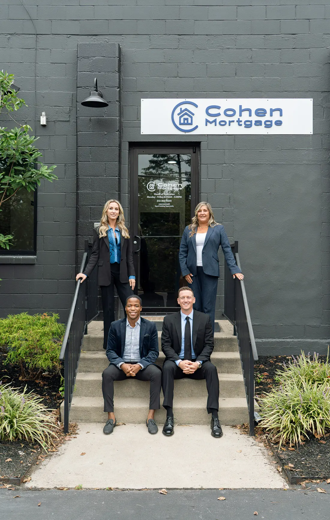 The Cohen Mortgage team on the front steps of the office at 4680 Cooper Rd. #B, Cincinnati, OH
